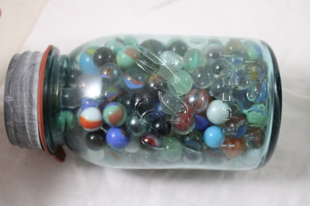 2 Canning Blue Jars of Vintage Marbles - 6