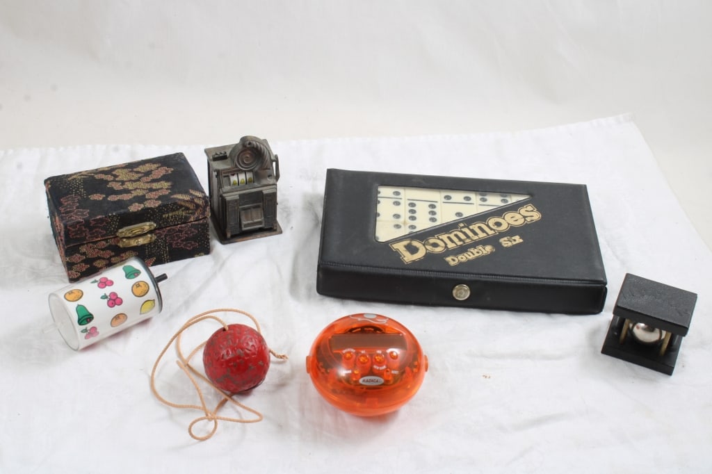 Dominoes, Games, Mini Slot Machine, More: Dominoes, Games, Mini Slot Machine, More - Chinese Balls in Case, Souvenir of Alcatraz Prison. Lot Size 9" x 5" x 4". 3 Lbs. All information and photos are intended to be as accurate as possible,