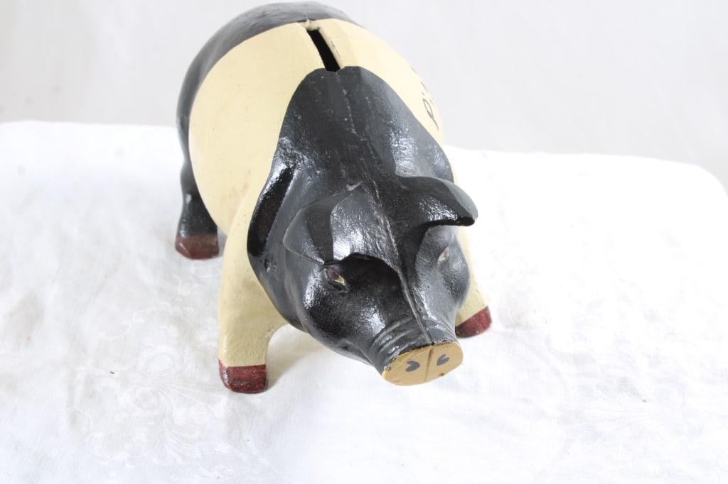 Cast Iron Piggy Bank Black and Tan with Plug - 2