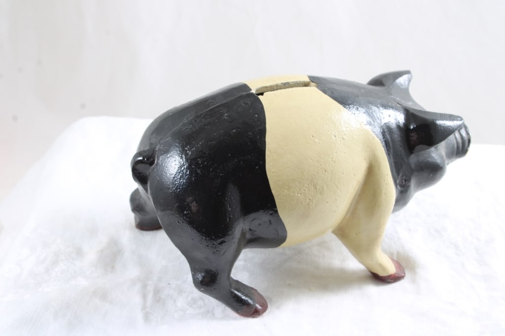 Cast Iron Piggy Bank Black and Tan with Plug - 3