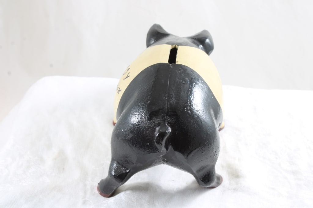 Cast Iron Piggy Bank Black and Tan with Plug - 4