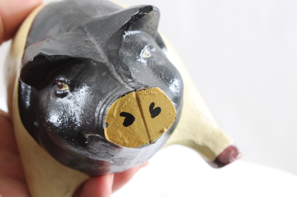 Cast Iron Piggy Bank Black and Tan with Plug - 8