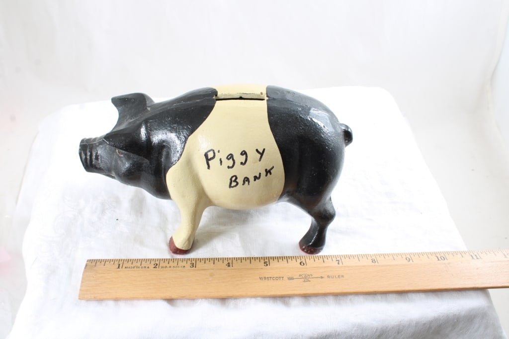 Cast Iron Piggy Bank Black and Tan with Plug - 9