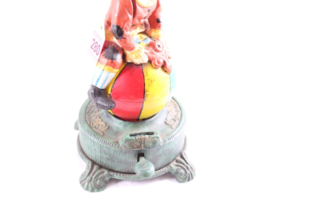 Cast Iron Mechanical Clown on Globe Bank - 2