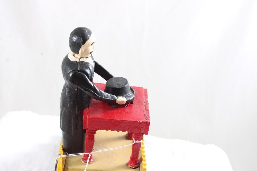 Cast Iron Magician Hat Trick Mechanical Bank Works - 10