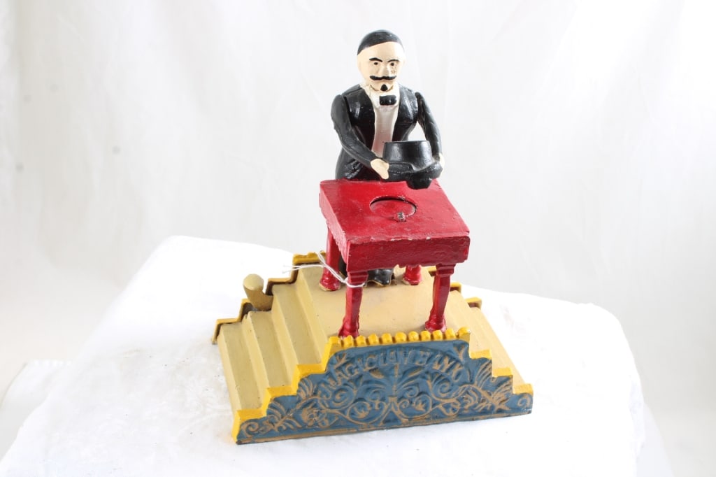 Cast Iron Magician Hat Trick Mechanical Bank Works (1 of 13)