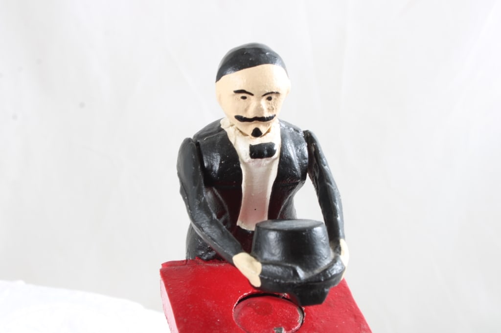 Cast Iron Magician Hat Trick Mechanical Bank Works - 4