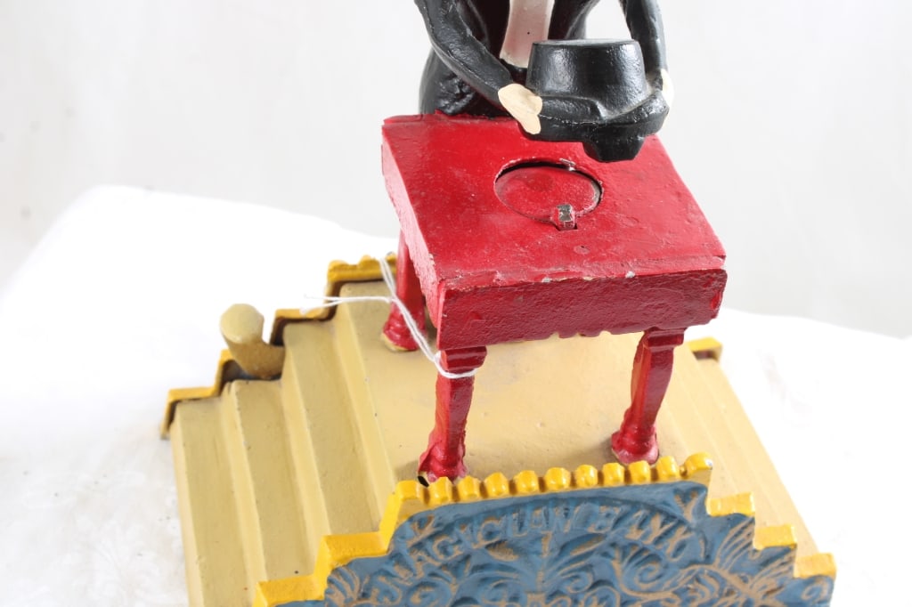 Cast Iron Magician Hat Trick Mechanical Bank Works - 5