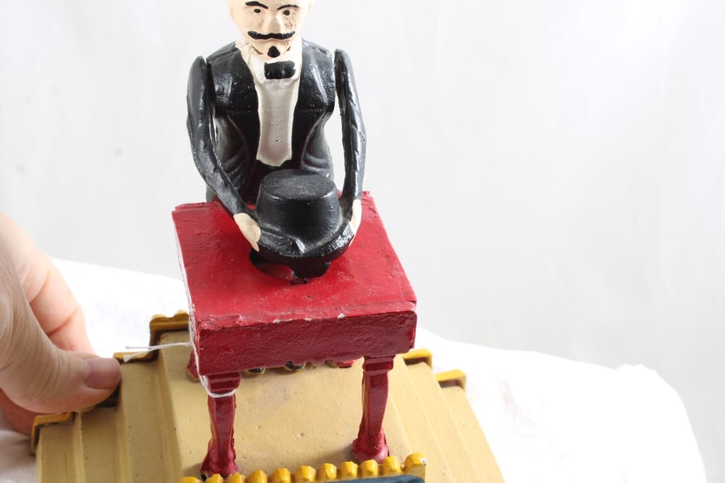 Cast Iron Magician Hat Trick Mechanical Bank Works - 6
