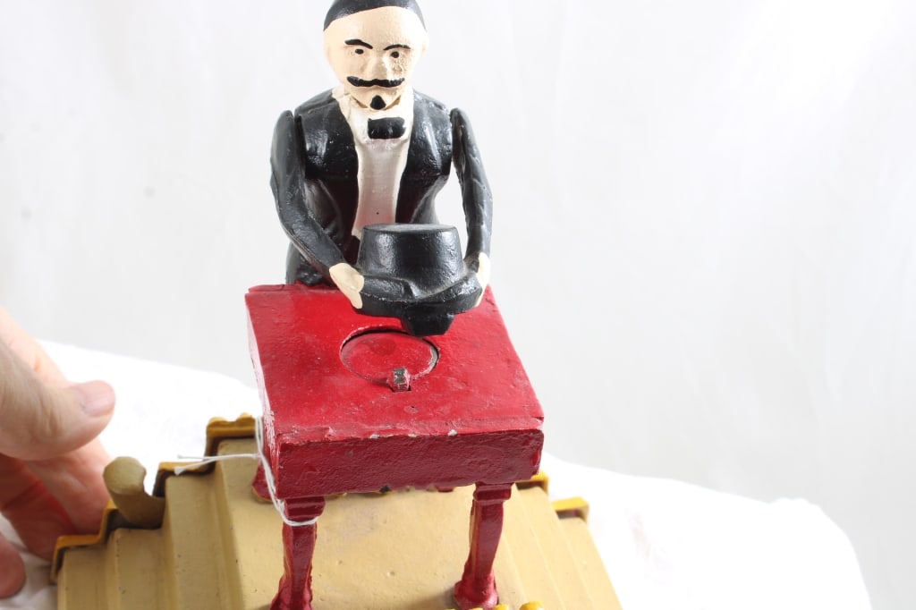 Cast Iron Magician Hat Trick Mechanical Bank Works - 7
