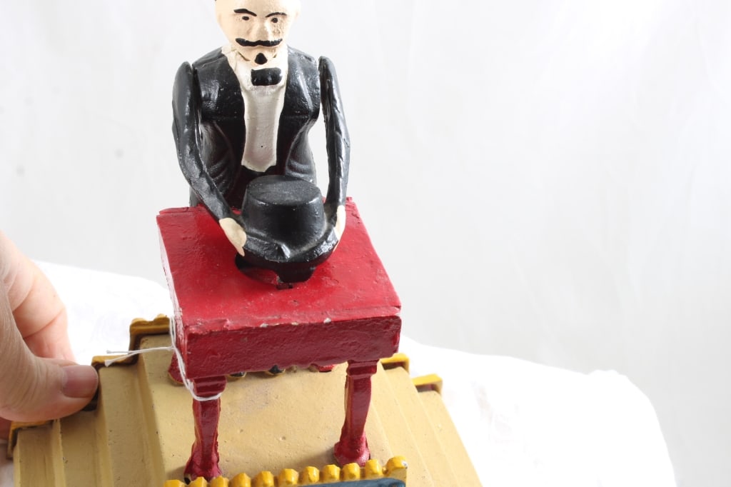 Cast Iron Magician Hat Trick Mechanical Bank Works - 8