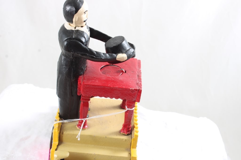 Cast Iron Magician Hat Trick Mechanical Bank Works - 9
