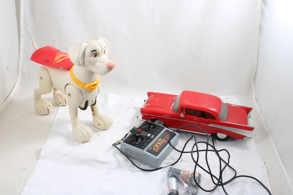 Remote Control '57 Chevy & Mattel Krypto Super Dog: Remote Control '57 Chevy & Mattel Krypto Super Dog - New Bright Red Remote Control 1957 Chevy with Sounds and Lights. Head Lights light up and sounds work. Plus Mattel Krypto The Super Dog DC Comics w