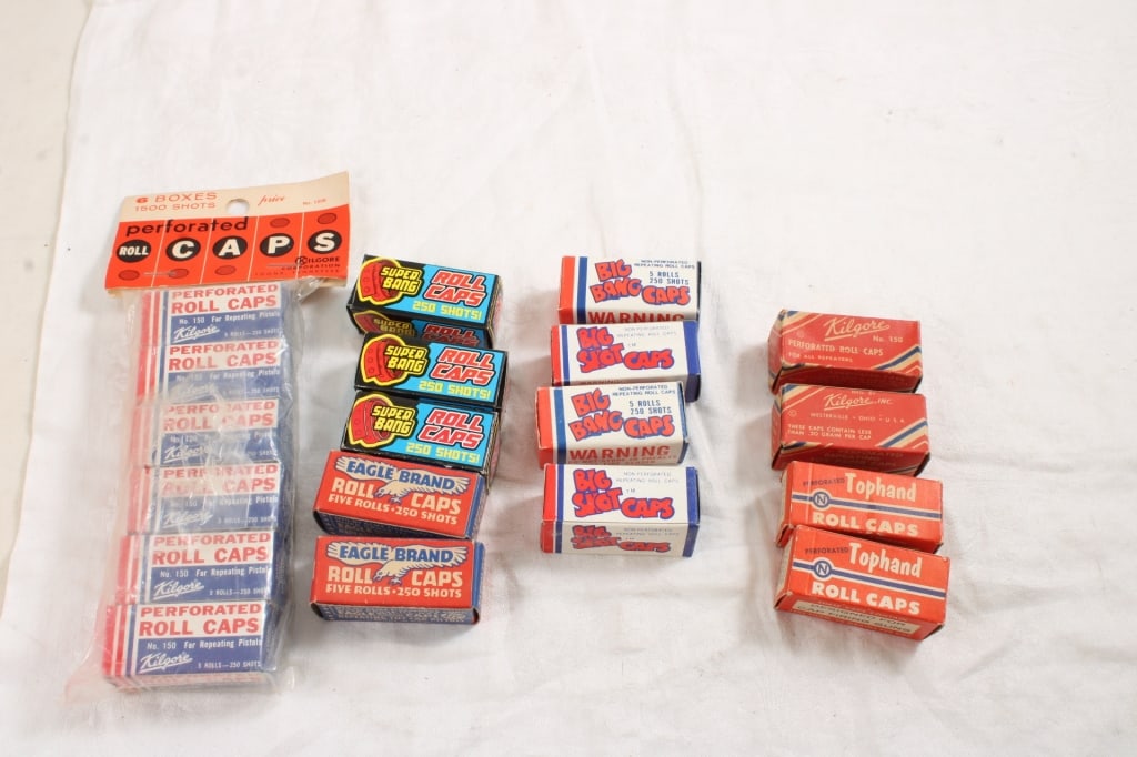 Vintage Roll Caps 18 Boxes Full & Sealed: Vintage Roll Caps 18 Boxes Full & Sealed - New Old Stock. Lot Size 7" x 5" x 4". 1 Lb. All information and photos are intended to be as accurate as possible, but errors are possible. No item