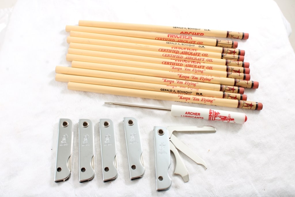 11 Archer Oil Advertising Pencils & More: 11 Archer Oil Advertising Pencils & More - 11 Vintage Archer Oil Advertising Pencils, 5 Pocket Key Chain Multi-Tools, and Pocket Screwdriver. Lot Size 8" x 3.5" x 1". 1 Lbs. All information and p