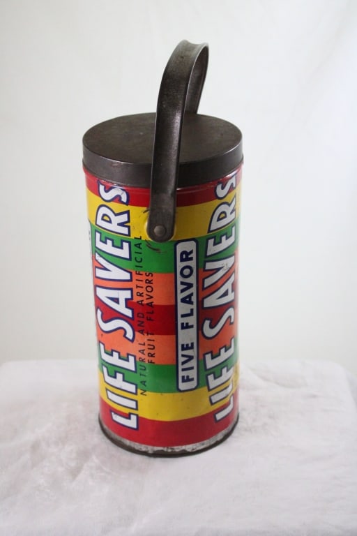 Vintage Life Savers Tin Litho Container w/Handle: Vintage Life Savers Tin Litho Container w/Handle - Lot Size 10" x 5" x 5". 1 Lb. All information and photos are intended to be as accurate as possible, but errors are possible. No item