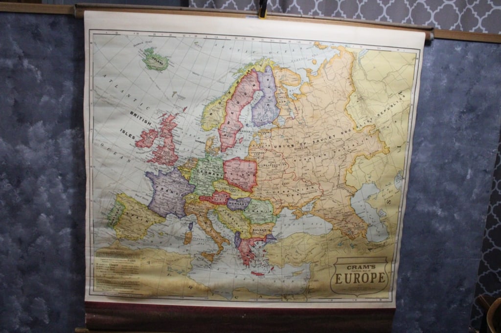 1930's School Pull Down Europe Map by George Cram: 1930's School Pull Down Europe Map by George Cram - C1054. Some foxing lower portion. Map measures 50.5" x 48". Lot Size 55" x 3" x 3". 5 Lbs. All information and photos are intended to be as