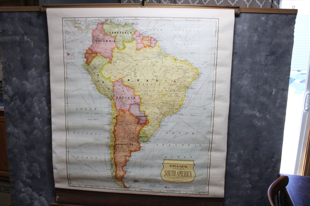 1930's School Pull Down S America Map by G. Cram: 1930's School Pull Down S America Map by G. Cram - C1054. Some foxing lower portion. Map measures 50.5" x 48". Lot Size 55" x 3" x 3". 5 Lbs. All information and photos are intended to be as