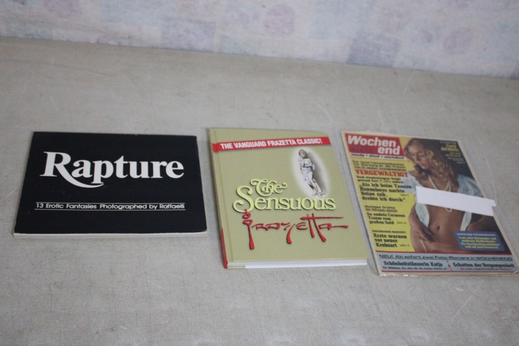 Men's Erotic Books & German Tabloid: Men's Erotic Books & German Tabloid - Rapture 13 Erotic Fantasies Photographed by Raffaelli, The Sensuous Frazetta and German Tabloid Magazine. Lot Size 13" x 10" x 2". 4 Lbs. All information