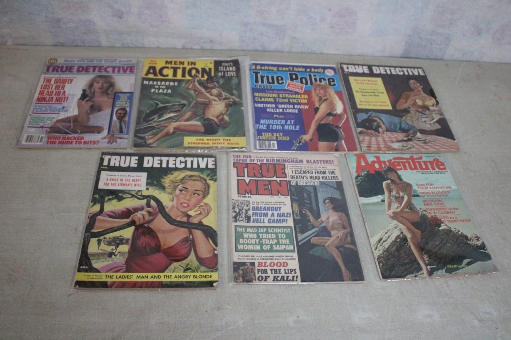 1950's 1960's 1990 Men's Sexy Magazines: 1950's 1960's 1990 Men's Sexy Magazines - 3 True Detective Magazines, Men in Action, True Police, True Men, Adventure. Lot Size 9" x 11" x 2". 3 Lbs. All information and photos are intended to