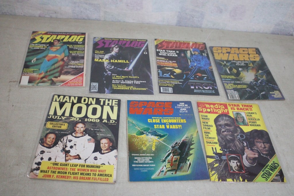 7 Science Fiction Magazines: 7 Science Fiction Magazines - Starlog #62, 65, 73, Media Spotlight #5, Space Wars Chilling Tales of the Future, Space Wars April 1978, Man on the Moon Collector's Edition July 20, 1969. Lot Size 11"