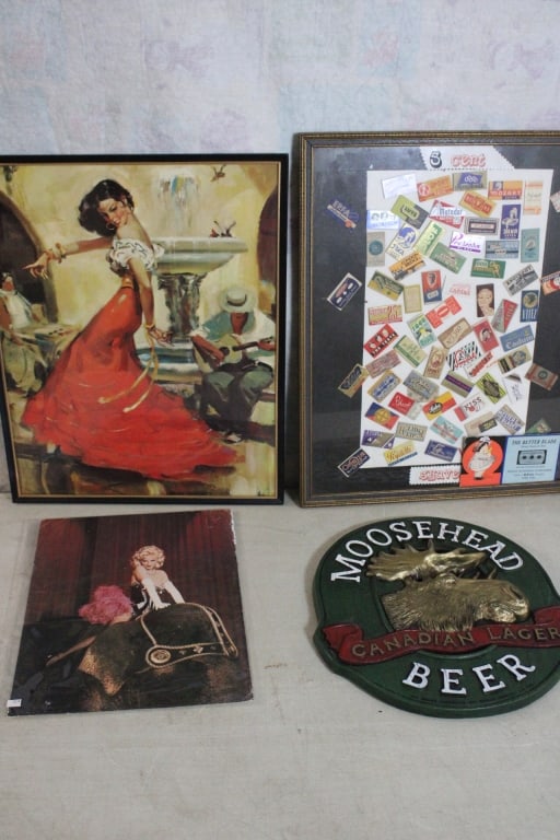 Advertising Prints, Madonna Photo & Moosehead Beer: Advertising Prints, Madonna Photo & Moosehead Beer - Framed Vintage Shaving Advertising Razor Blades measures 21" x 17", Gypsey Dancer Signed measures 16" x 20 Framed Size, Madonna Print measures 11" 
