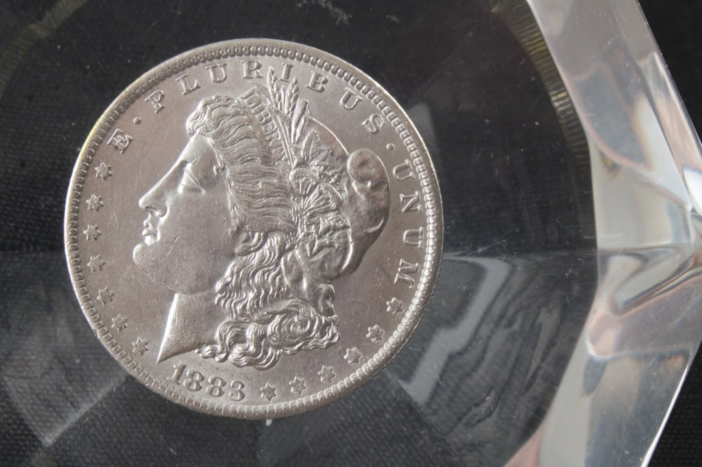 1883 O Morgan Silver Dollar Lucite Paperweight - 2