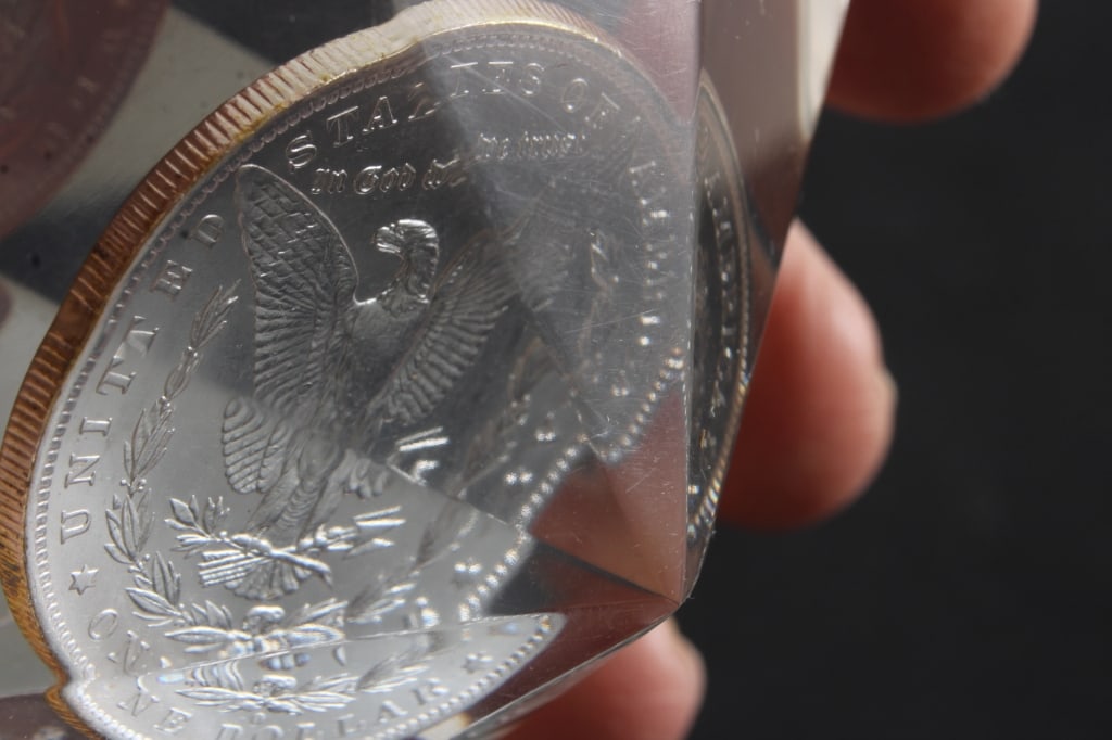 1883 O Morgan Silver Dollar Lucite Paperweight - 7