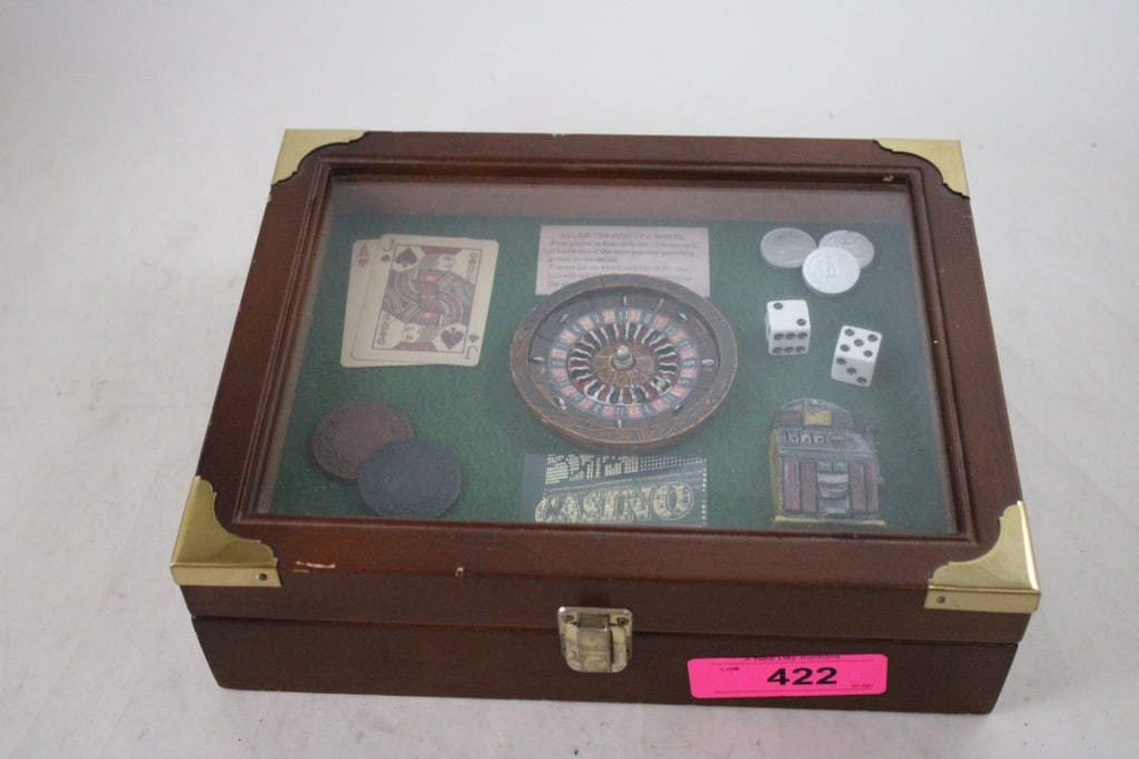 Gambling Theme Wood Shadow Box: Gambling Theme Wood Shadow Box - Poker, Slots, Roulette, Chips, Dice, Cards. Lot Size 11" x 8.5" x 3.5'. 4 Lbs. All information and photos are intended to be as accurate as possible, but errors