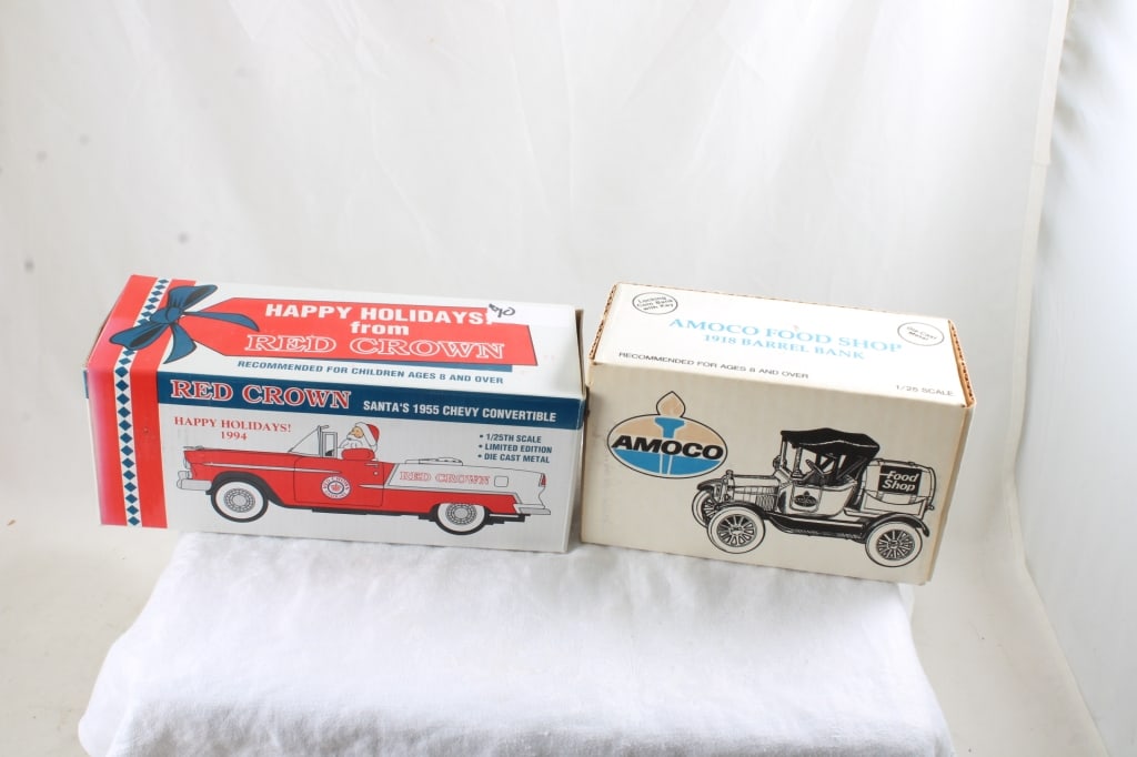 Ertl Amoco Diecast Barrel Bank, Red Crown Bank: Ertl Amoco Diecast Barrel Bank, Red Crown Bank - Ertl Amoco Diecast Barrel Bank, Liberty Red Crown Diecast Santa Convertible 1955 Chevy Bank 1:25 Scale. AMOCO BARREL BANK USA, BOTH NEVER REMOVED FROM