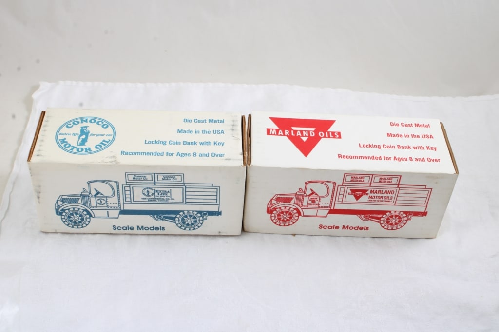 2 Legends N Trucks Diecast Truck Banks NRFB USA: 2 Legends N Trucks Diecast Truck Banks NRFB USA - New in Boxes Legends N Trucks Diecast 1927 Mack Stake Truck Maryland Motor Oils and Diecast The Continental Oil Co. 1927 Mack Stake Truck with Crates