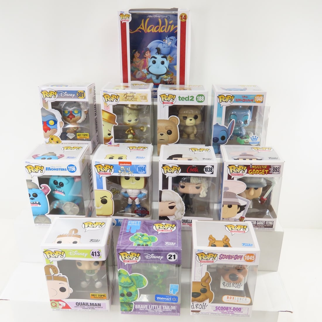 12 Funko Pop Animation & Disney Figures NIP: 12 Funko Pop Animation & Disney Figures NIP - Rifiki with Simba #301, Lumiere #1136, Cruella (Making Art) #1038, Inspector Gadget #893, Powdered Toastman #1094, Stitch with Record Player #1048,