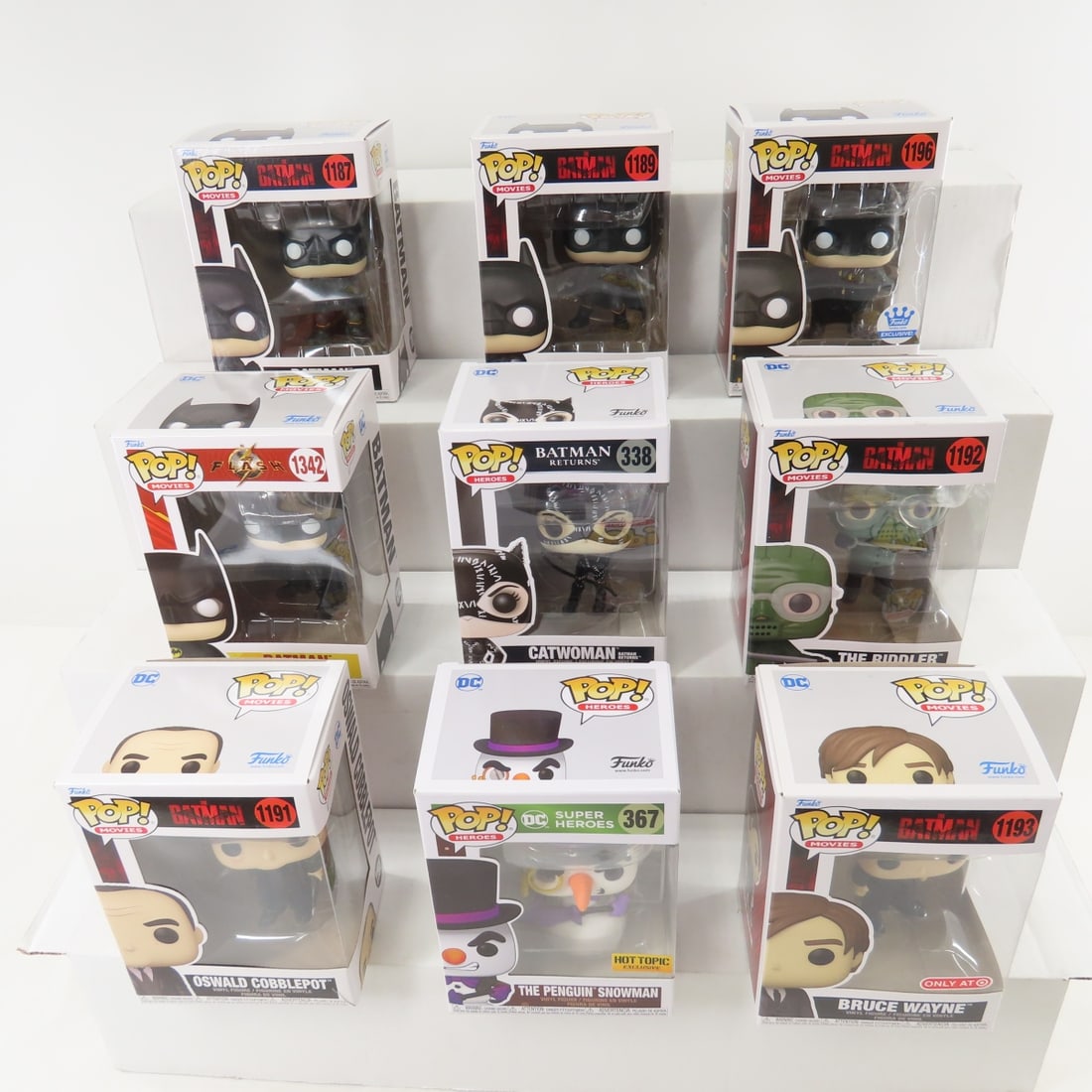 9 Funko Pop Batman Figures, Riddler & Others NIP: 9 Funko Pop Batman Figures, Riddler & Others NIP - Batman #1342 #1187 #1189 #1196, Oswald Cobblepot #1191, The Riddler #1192, Bruce Wayne #1193, Catwoman #338, The Penguin Snowman #367. Lot Size: