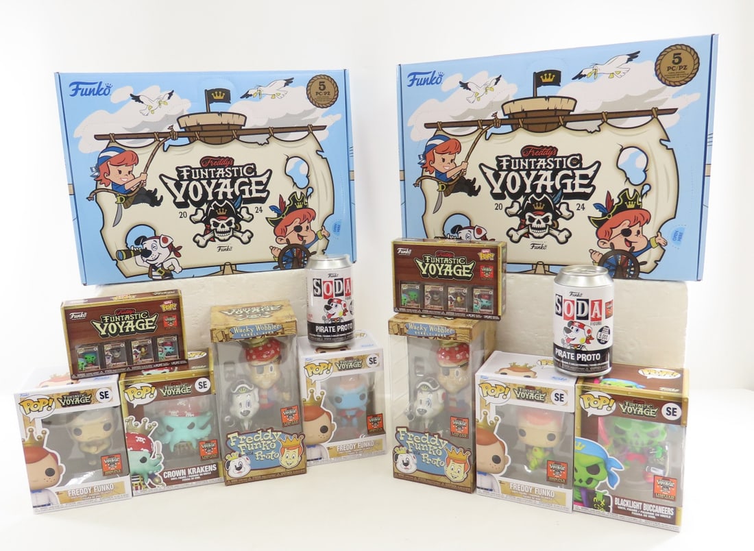2 Funko Pop Freddy's Funtastic Voyage 2024 in Box: 2 Funko Pop Freddy's Funtastic Voyage 2024 in Box - Box #1: Blacklight Buccaneers Online Edition, Freddy Funko as Chuckie Online Edition, Wacky Wobbler Freddy Funko with Proto Online Edition, Funko