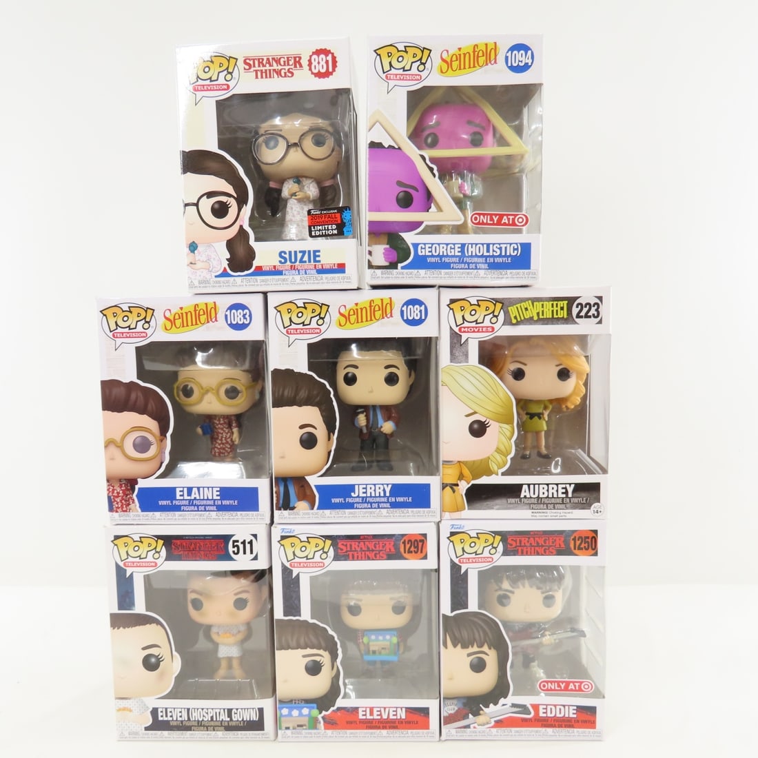 8 Funko Pop Stranger Things & Seinfeld Figures NIP: 8 Funko Pop Stranger Things & Seinfeld Figures NIP - And Others. Eddie #1250, Eleven #1297, Eleven (Hospital Gown) #511, Suzie #881 (2019 Fall Convention), Aubrey #223, George (Holistic) #1094, Jerry