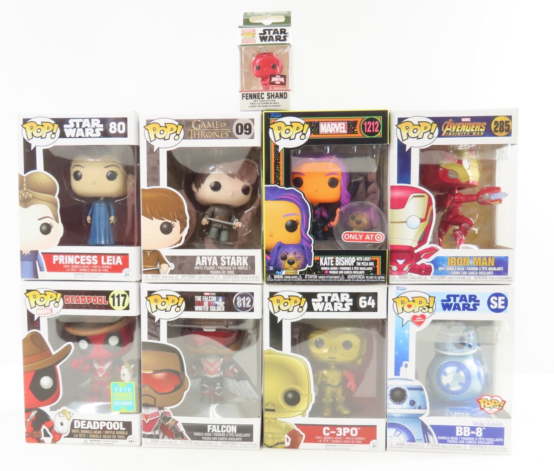 9 Funko Pop Star Wars, Marvel & Other Figures NIP: 9 Funko Pop Star Wars, Marvel & Other Figures NIP - C-3PO #64, Princess Leia #80, BB-8 SE, Arya Stark #9, Deadpool #117, Kate Bishop #1212, Iron Man #285, Falcon #812, Fennec Shand Keychain. Lot
