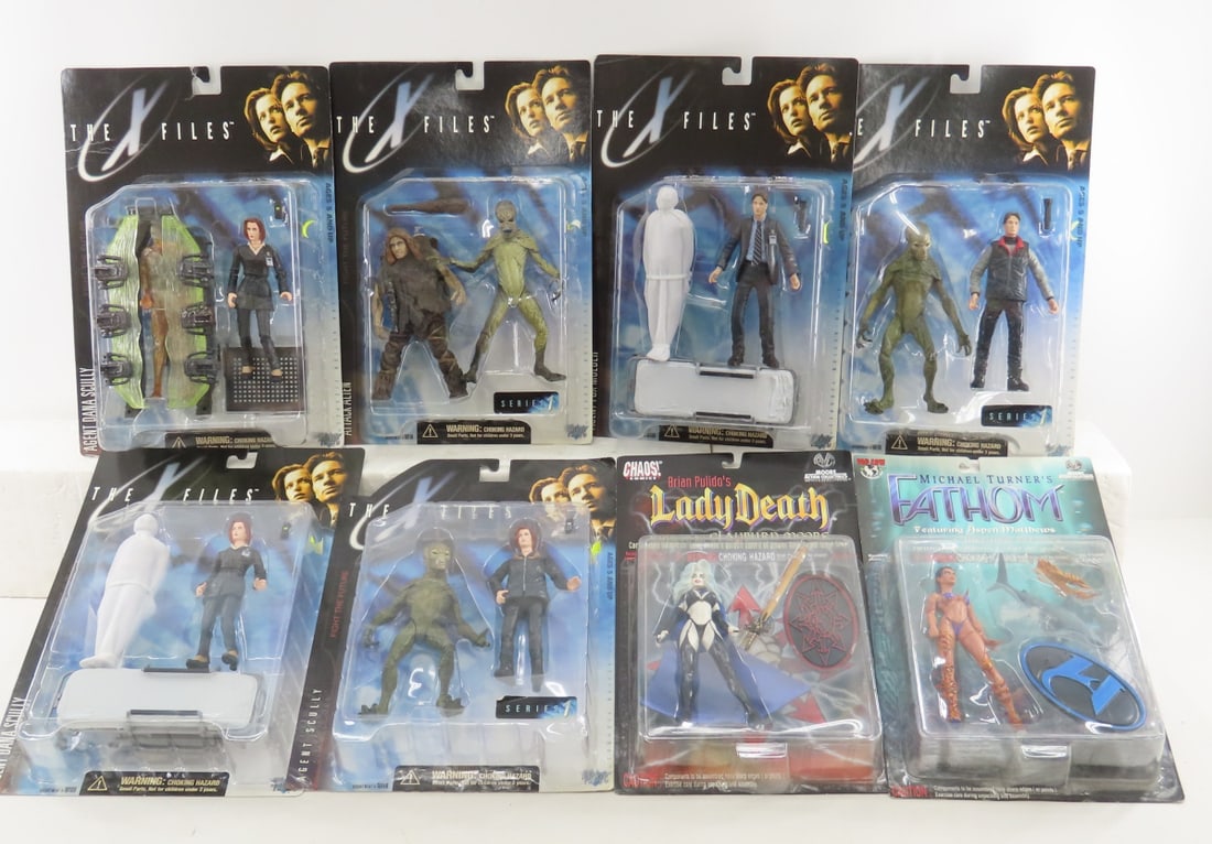 The X Files, Fathom & Lady Death Action Figures: The X Files, Fathom & Lady Death Action Figures - All Unopened NIP. X-Files Attack Alien, Agent Skully, Agent Mulder, Brian Pulido's Lady Death, Michael Turner's Fathom. Lot Size: 17 x 14x 11", 5 lbs