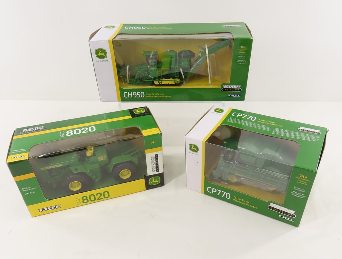 ERTL 1:32 John Deere 8020 & 1:64 CH950 & CP770 NIB: ERTL 1:32 John Deere 8020 & 1:64 CH950 & CP770 NIB - ERTL Prestige Collection 1/32 1961 8020 Tractor, 1/64 CP770 Cotton Picker, 1/64 CH950 Sugar Cane Harvester NIB. Lot Size: 17x9x5", 4 lbs All inform