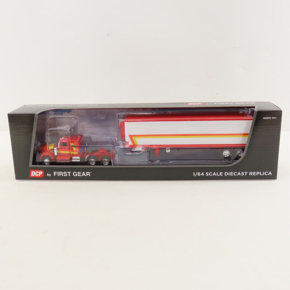 DCP First Gear 1:64 Scale White Western Star 4900: DCP First Gear 1:64 Scale White Western Star 4900 - Red/Orange/Yellow 60-1945 1/64 Scale White Western Star 4900 w/36" Vintage Flat Top Sleeper & Vintage 40' Refrigerated Tandem Axle Trailer w/Thermo