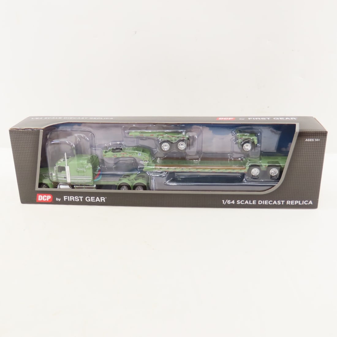 DCP First Gear 1:64 Scale Kenworth Aerocab Flattop: DCP First Gear 1:64 Scale Kenworth Aerocab Flattop - SRD/CWT Lt. Green/Lt. Green 60-1498 1/64 Scale Kenworth W900L with 72" Aero Cab Flattop Sleeper & Fontaine Magnitude Tri-Axle Lowboy with Jeep.
