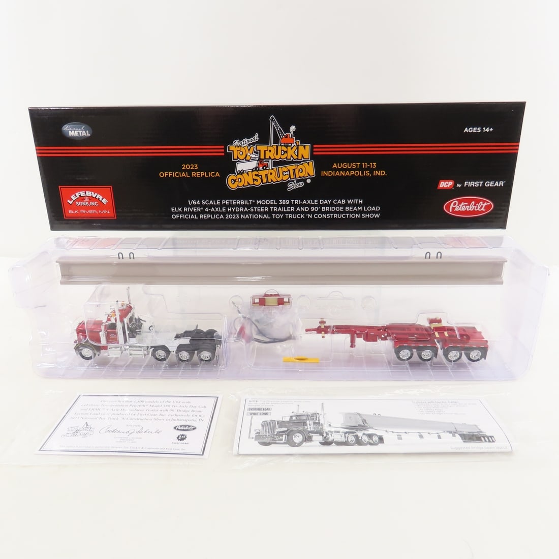 DCP First Gear 1:64 Peterbilt w/Elk River Trailer: DCP First Gear 1:64 Peterbilt w/Elk River Trailer - Lefebrve Transportation TTNC Show 2023 69-1649, 1/64 Scale Peterbilt Model 389 Tri-Axle Day Cab with Elk River 4-Axle Hydra Steer Trailer and 90'