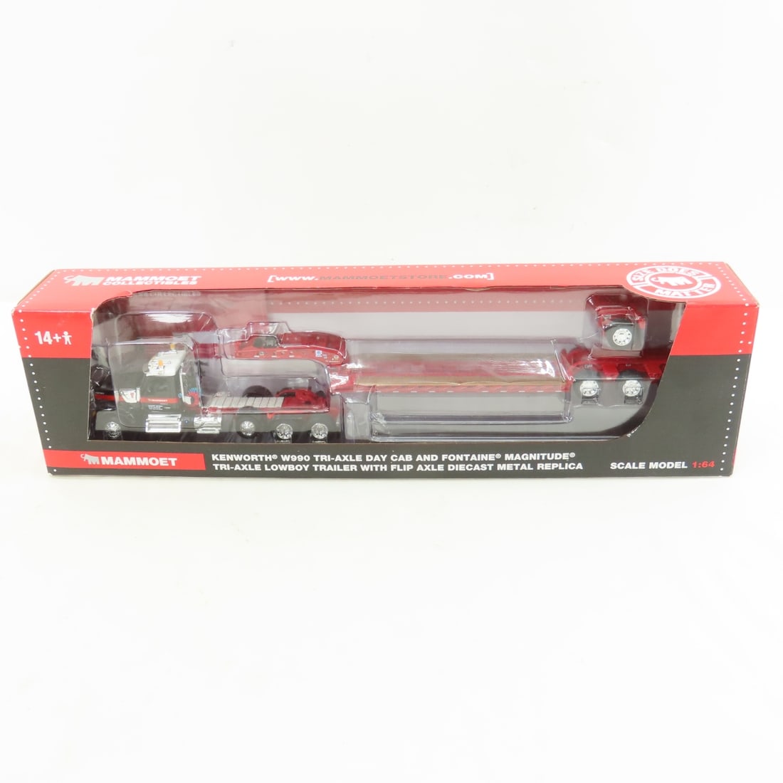 DCP First Gear 1:64 Kenworth W990 Mammoet: DCP First Gear 1:64 Kenworth W990 Mammoet - Mammoet 69-1869 Kenworth W990 Tri-Axle Day Cab and Fontaine Magnitude Tri-Axle Lowboy Trailer with Flip Axle. Lot Size: 16x4x3" 1 lb All information and