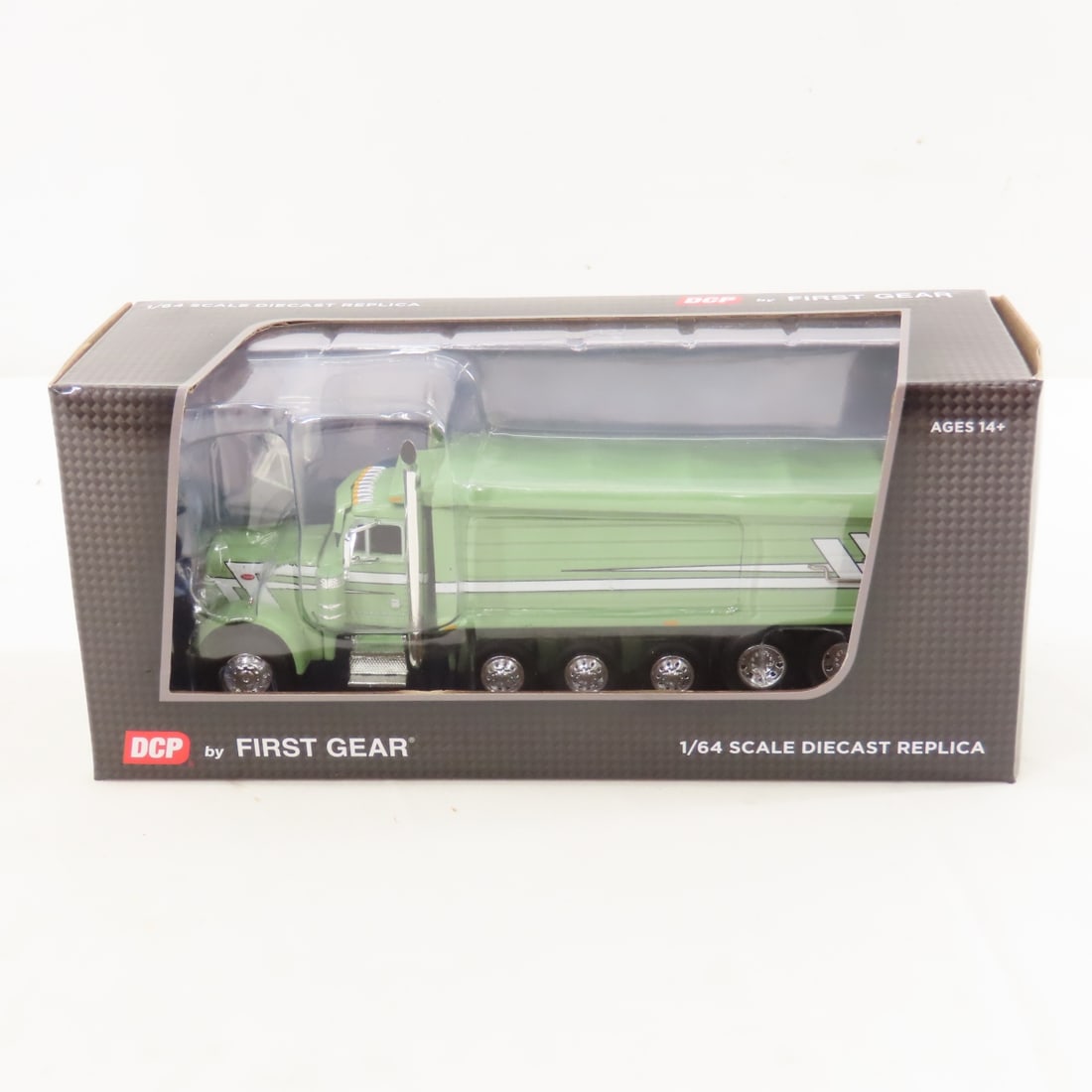 DCP First Gear 1:64 Peterbilt 379 w/MAC Dump Body: DCP First Gear 1:64 Peterbilt 379 w/MAC Dump Body - SRD Green/Green 60-1658 1/64 Scale Peterbilt 379 with MAC Dump Body, Five-Axle. Lot Size: 8x4x3" 1 lb All information and photos are intended to be