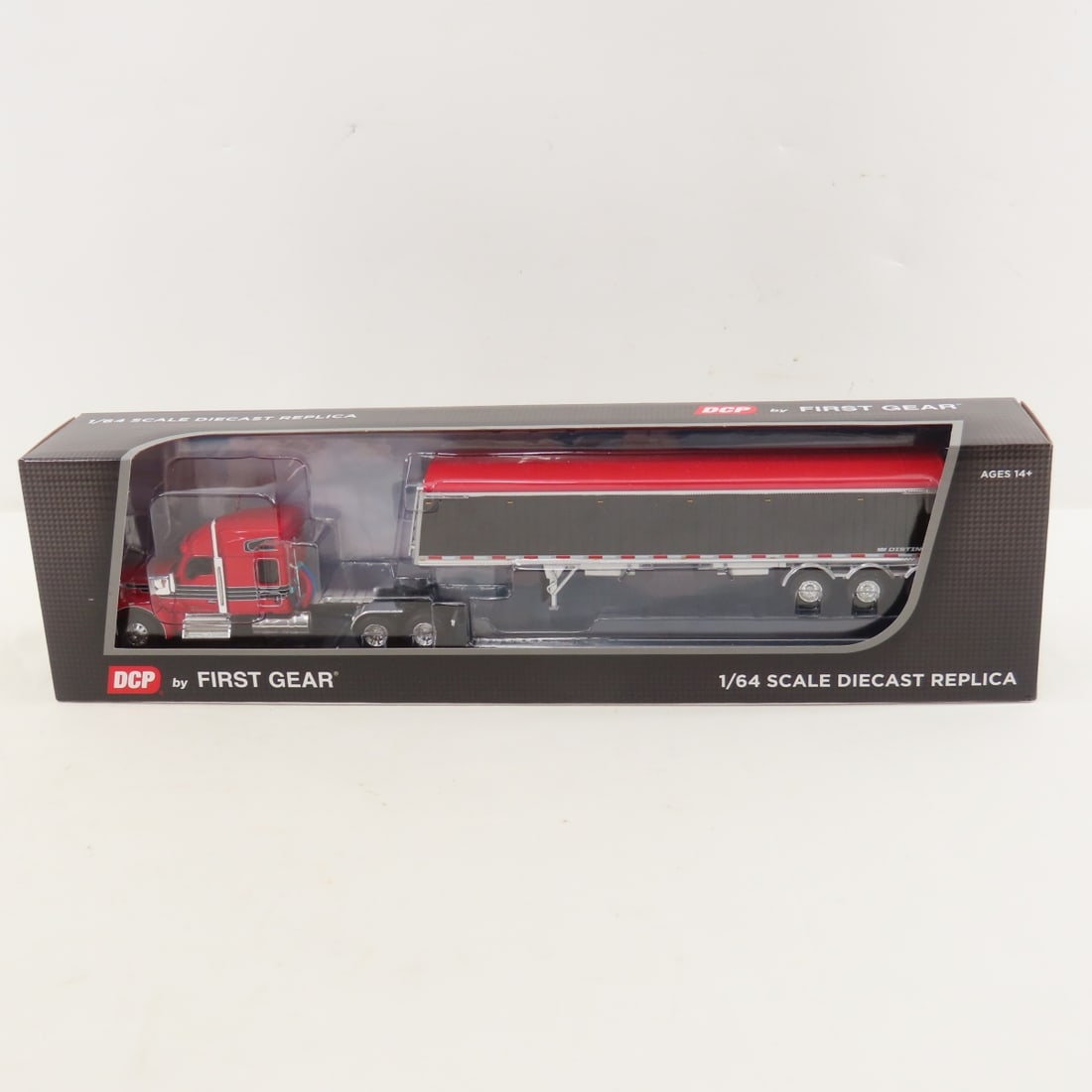 DCP First Gear 1:64 Kenworth W990 Sleeper/Hopper: DCP First Gear 1:64 Kenworth W990 Sleeper/Hopper - Red/Black 60-2176 1/64 Scale Kenworth W990 76" Mid Roof Sleeper and Lode King Distinction Tri-Axle Hopper Trailer. Lot Size: 16x4x3" 1 lb All informa