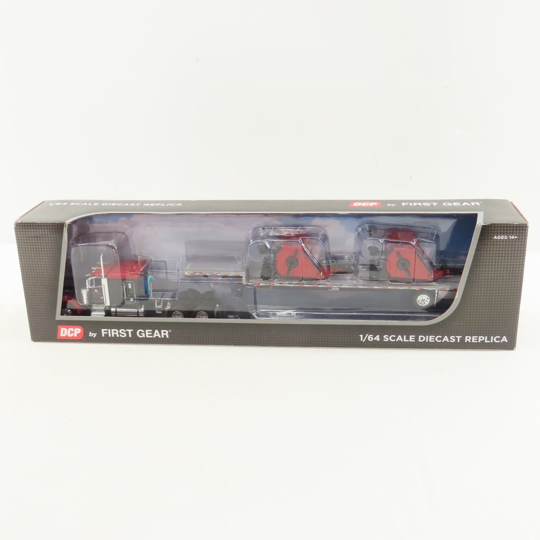 DCP First Gear 1:64 Peterbilt 379 w/Bush Hog Load: DCP First Gear 1:64 Peterbilt 379 w/Bush Hog Load - OT Bush Hog Black 60-1338 1/64 Scale Peterbilt 379 63" Flattop Sleeper with Transcraft Step Deck Trailer with 2 Bush Hog Rotary Cutter Load. Lot Siz