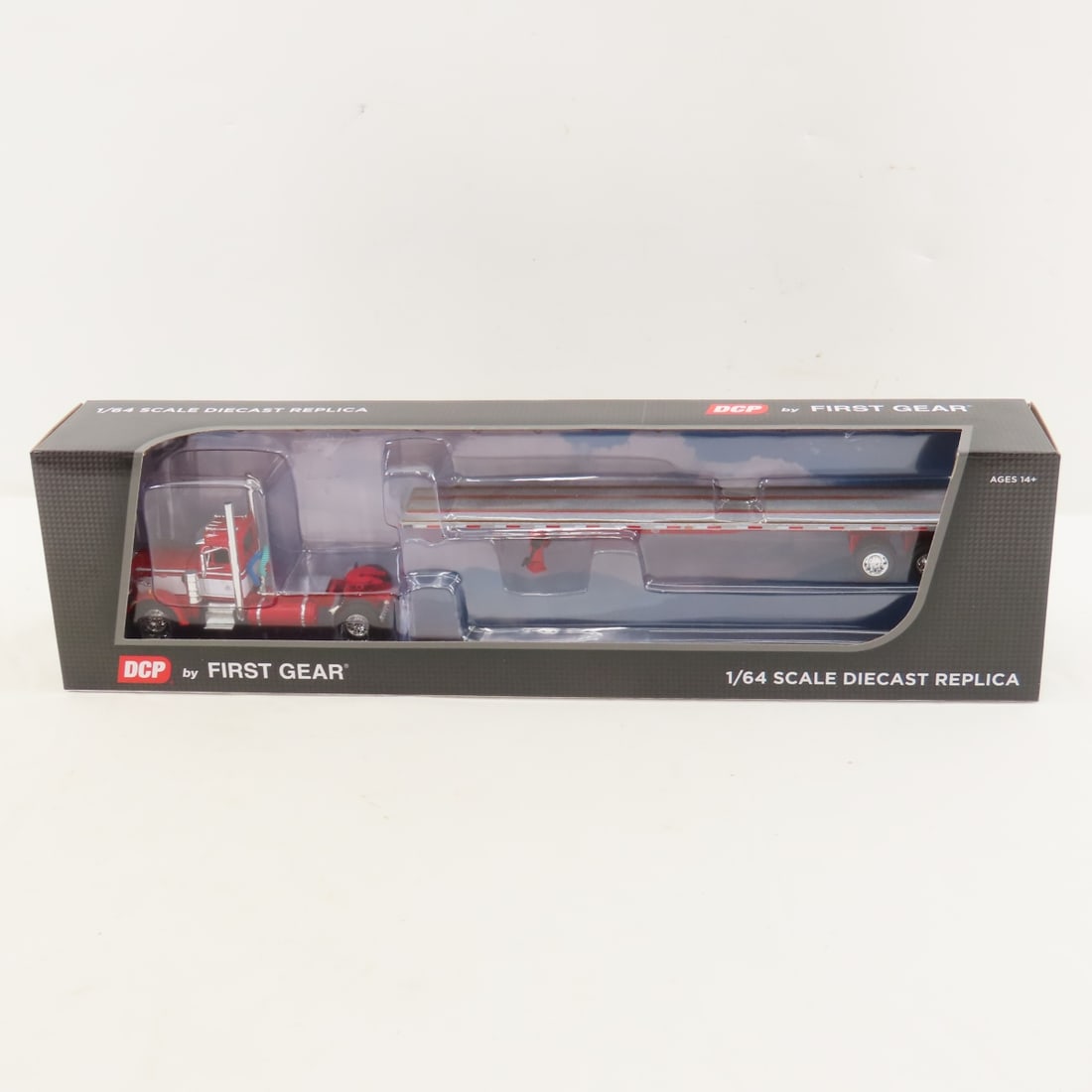 DCP First Gear 1:64 Peterbilt 359 Cab & Trailer: DCP First Gear 1:64 Peterbilt 359 Cab & Trailer - Red/White 60-1682 1/64 Scale Peterbilt 359 Day Cab & Utility 48' Flatbed Dual Axle Trailer. Lot Size: 16x4x3" 1 lb All information and photos are inte