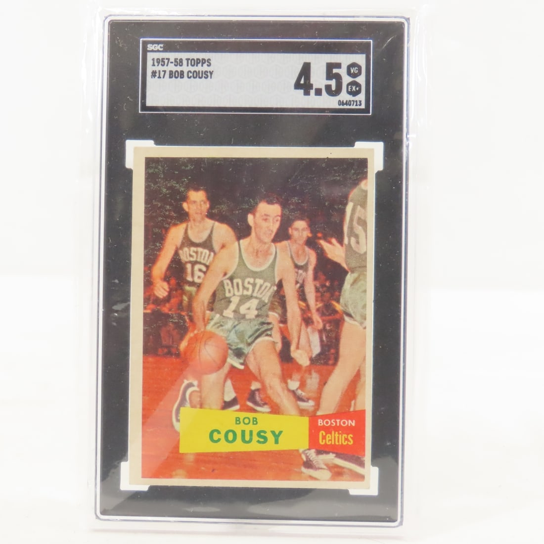 1957-58 Topps Bob Cousy #17 Rookie SGC 4.5: 1957-58 Topps Bob Cousy #17 Rookie SGC 4.5 - Lot Size 5.5x3.5x.5" 1 LB All information and photos are intended to be as accurate as possible, but errors are possible. No item may be returned or