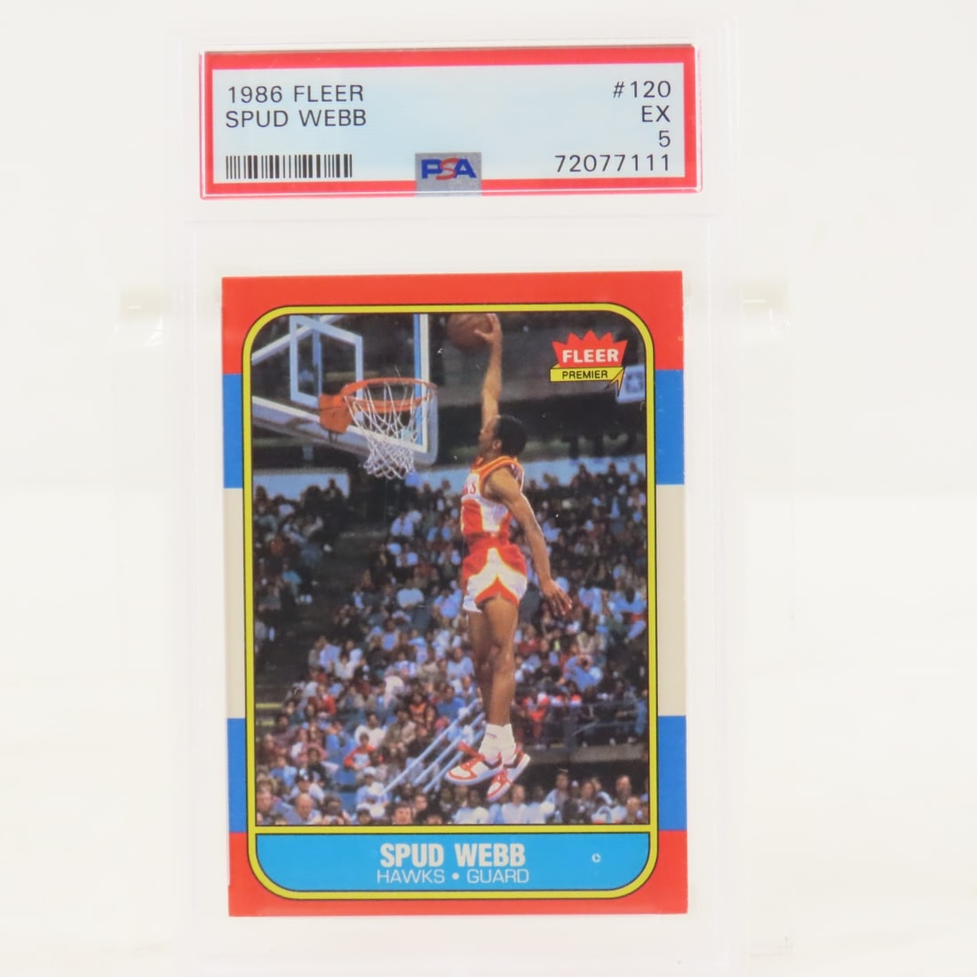 1986 Fleer Spud Webb #120 PSA 5 EX: 1986 Fleer Spud Webb #120 PSA 5 EX - Lot Size 5.5x3.5x.5" 1 LB All information and photos are intended to be as accurate as possible, but errors are possible. No item may be returned or refused based