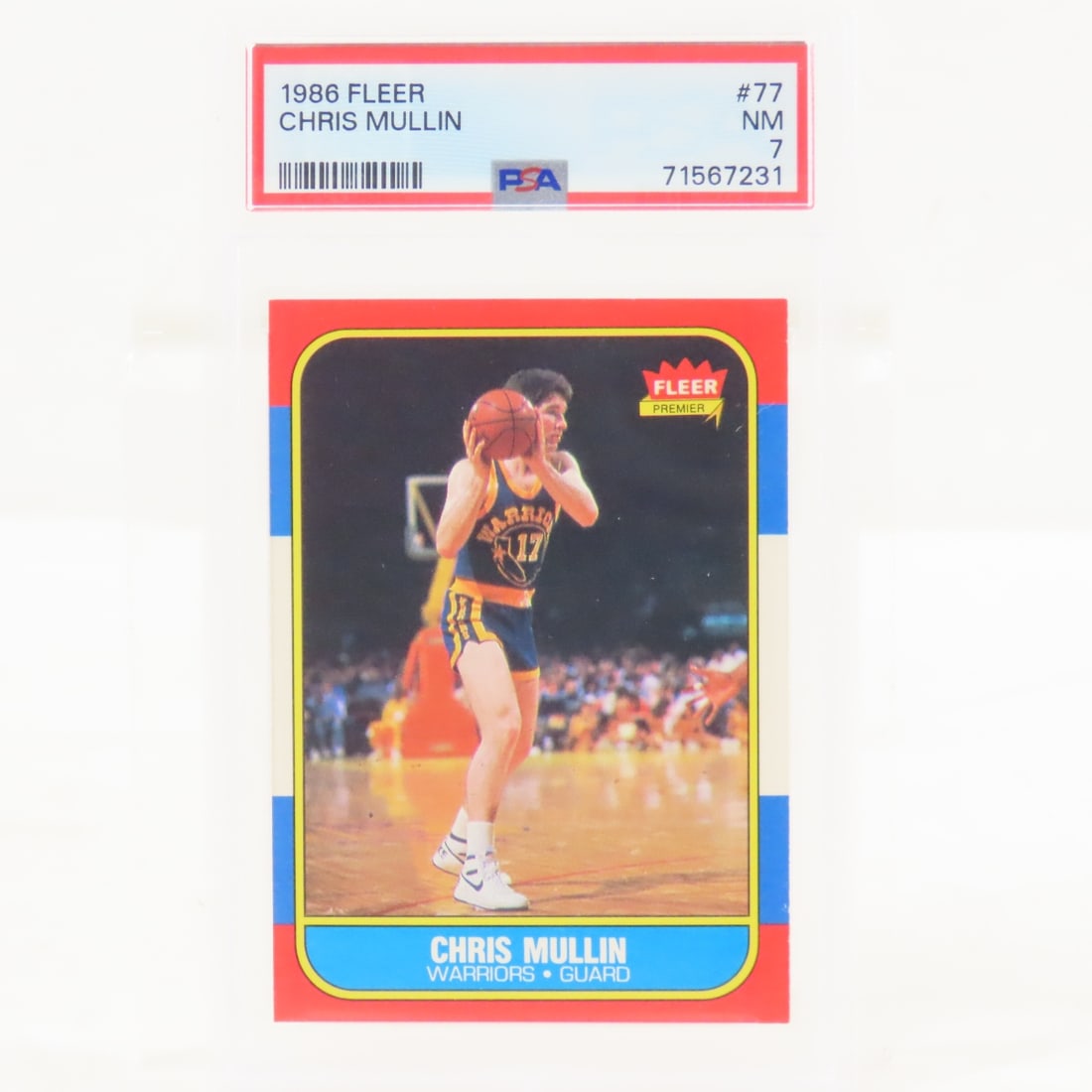 1986 Fleer Chris Mullin #77 PSA 7 NM: 1986 Fleer Chris Mullin #77 PSA 7 NM - Lot Size 5.5x3.5x.5" 1 LB All information and photos are intended to be as accurate as possible, but errors are possible. No item may be returned or refused