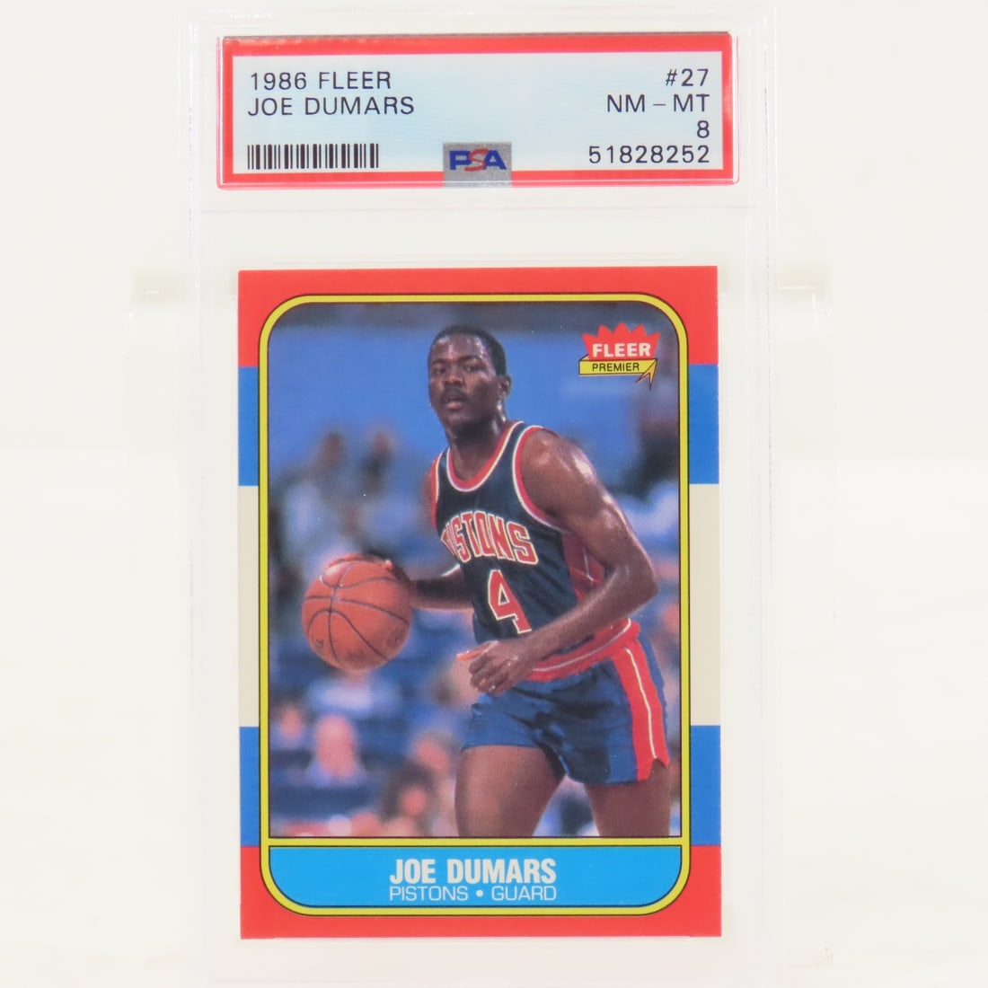 1986 Fleer Joe Dumars #27 Rookie PSA 8 NM-MT: 1986 Fleer Joe Dumars #27 Rookie PSA 8 NM-MT - Lot Size 5.5x3.5x.5" 1 LB All information and photos are intended to be as accurate as possible, but errors are possible. No item may be returned or
